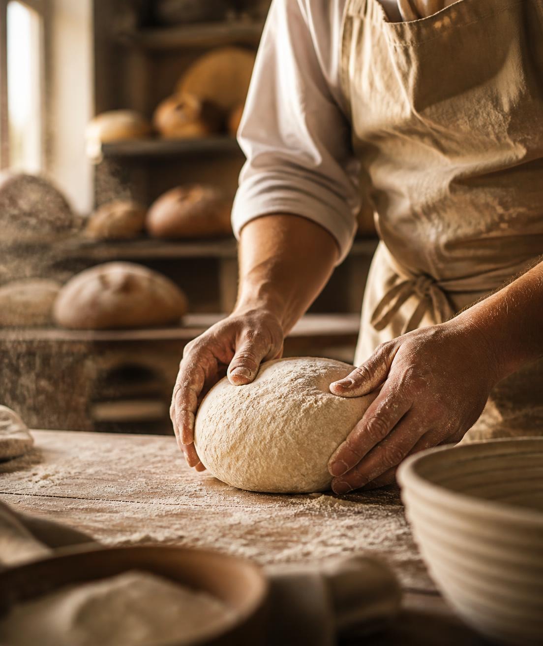A baker shaping sourdough dough on a floured wooden bench